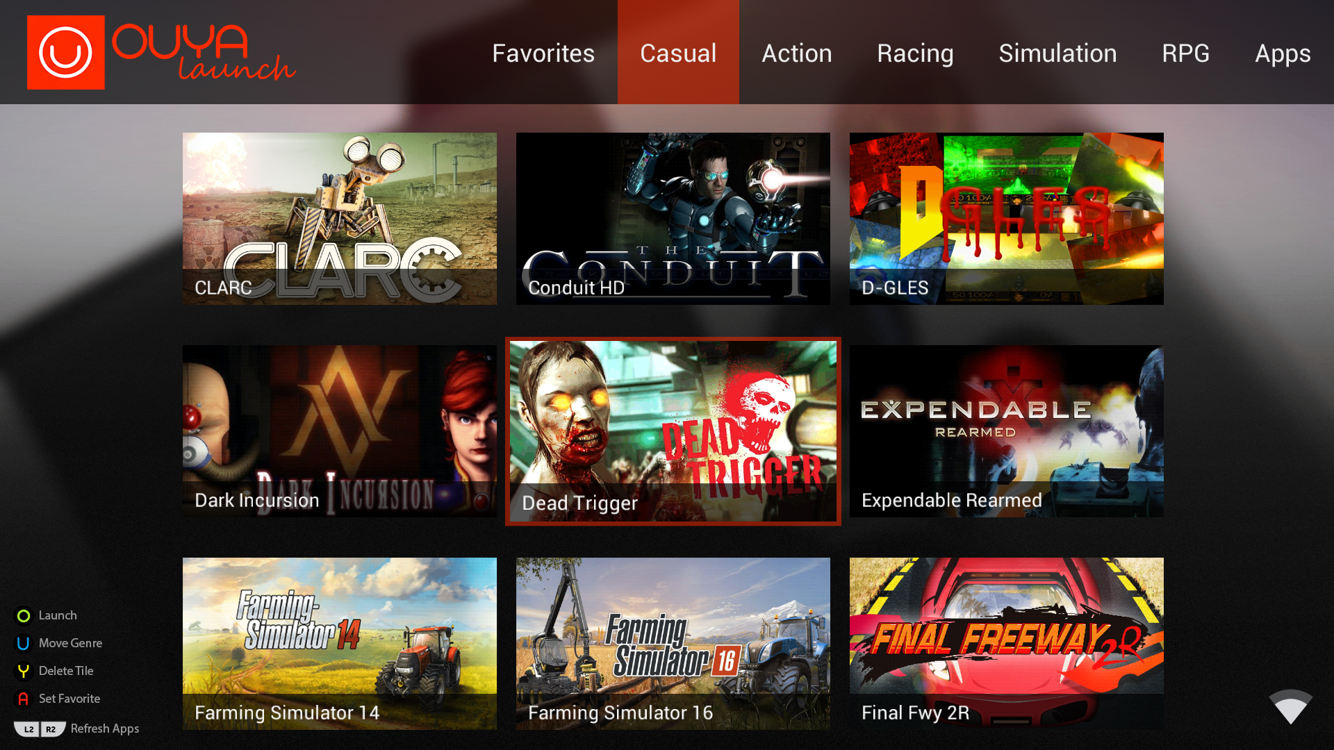 OUYAlaunch favorites and genre tabs on OUYA